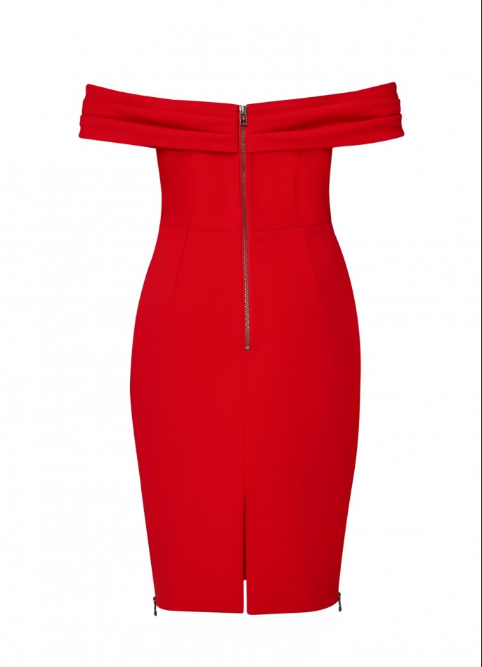 RED DRAPED CREPE BLEND HIGH ZIP SLIT OFF-SHOULDER DRESS